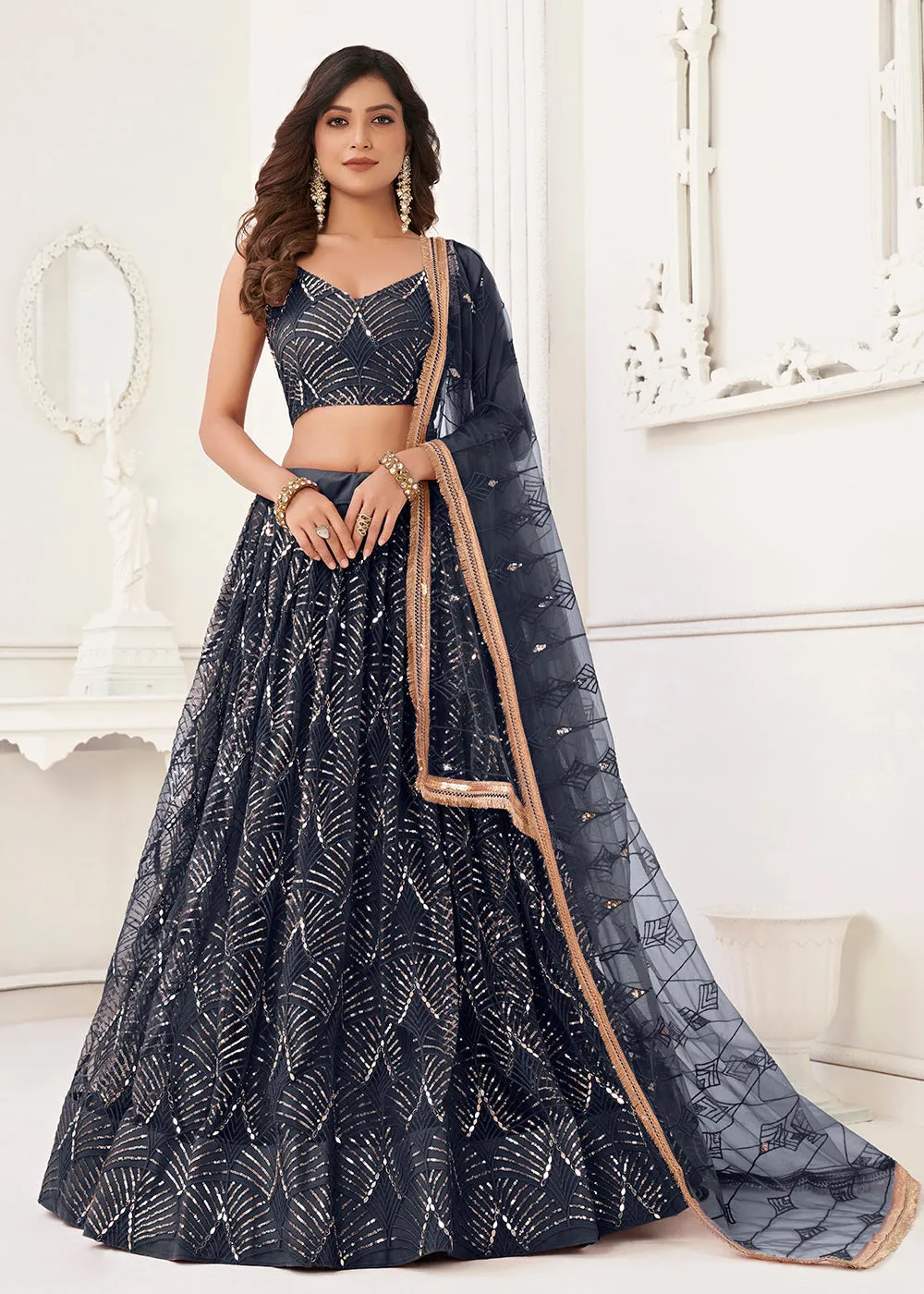 Embroidered Net Midnight Blue Sangeet & Wedding Wear Lehenga Choli