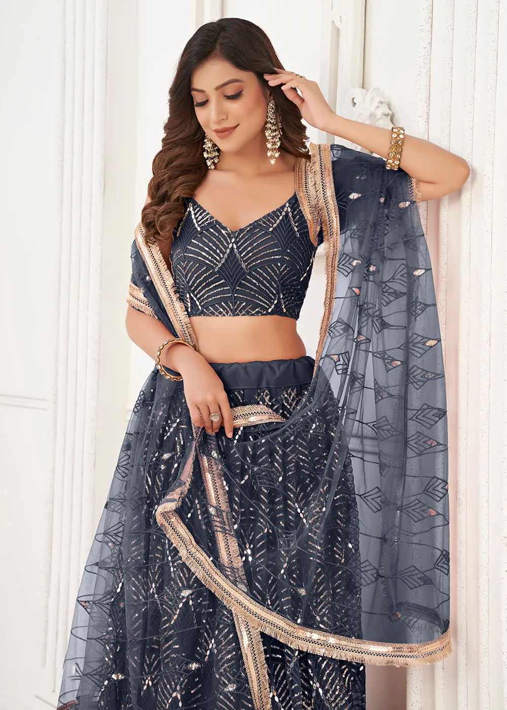 Embroidered Net Midnight Blue Sangeet & Wedding Wear Lehenga Choli