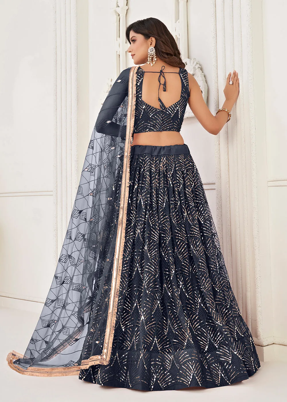 Embroidered Net Midnight Blue Sangeet & Wedding Wear Lehenga Choli