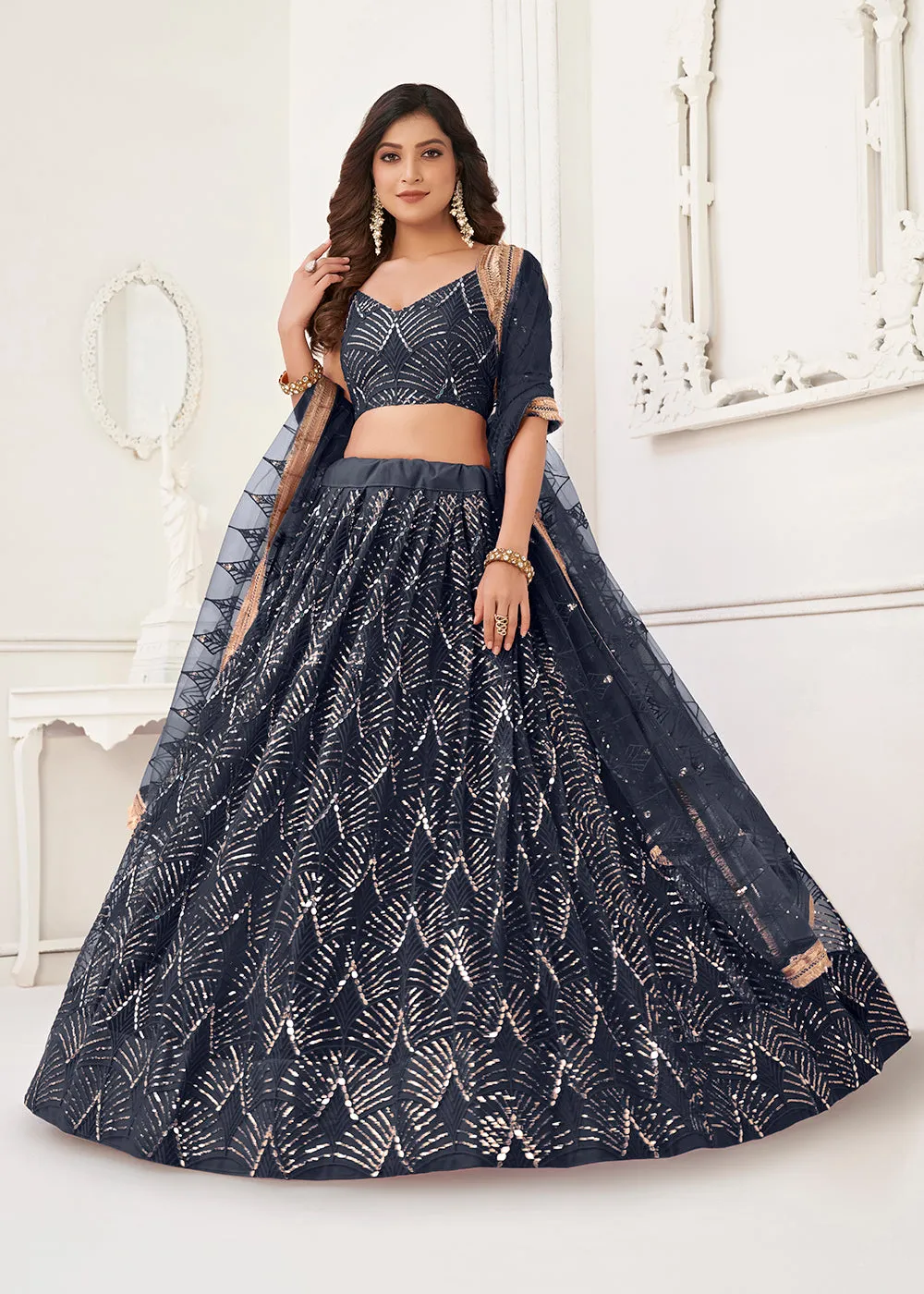 Embroidered Net Midnight Blue Sangeet & Wedding Wear Lehenga Choli