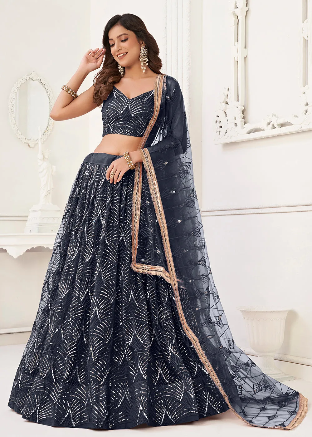 Embroidered Net Midnight Blue Sangeet & Wedding Wear Lehenga Choli