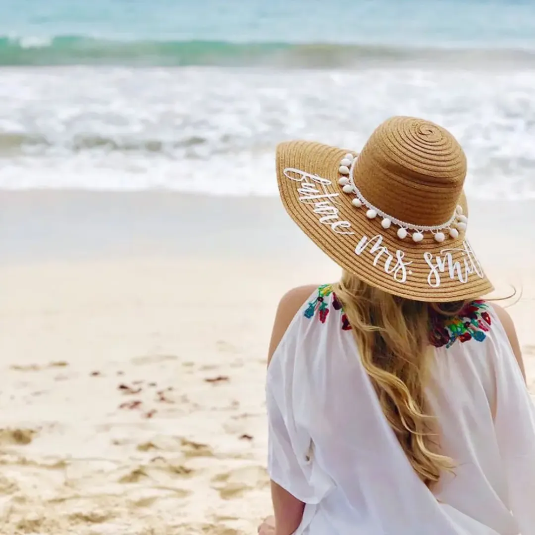 Embroidered Oversized Beach Hat - Personalized Women Sun Hat