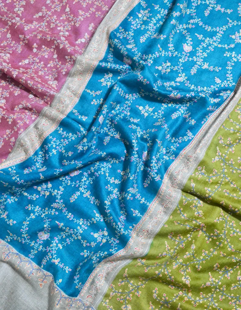 Embroidered Pashmina Shawl In Natural, Green, Blue & Pink Coloures 5652