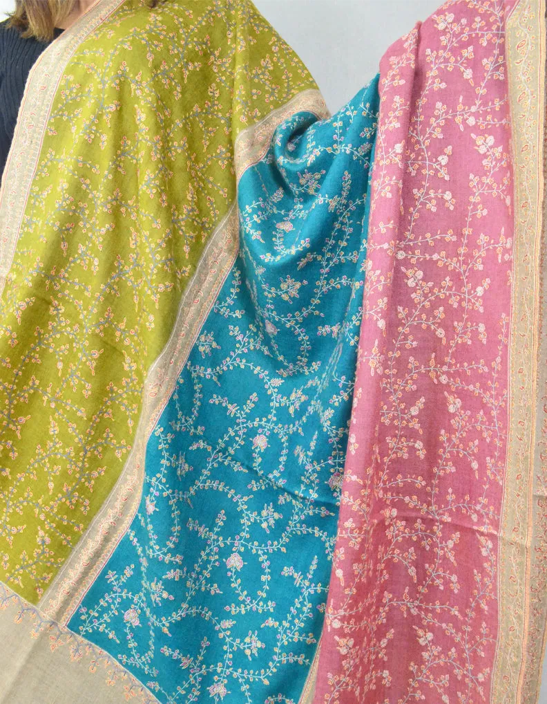 Embroidered Pashmina Shawl In Natural, Green, Blue & Pink Coloures 5652