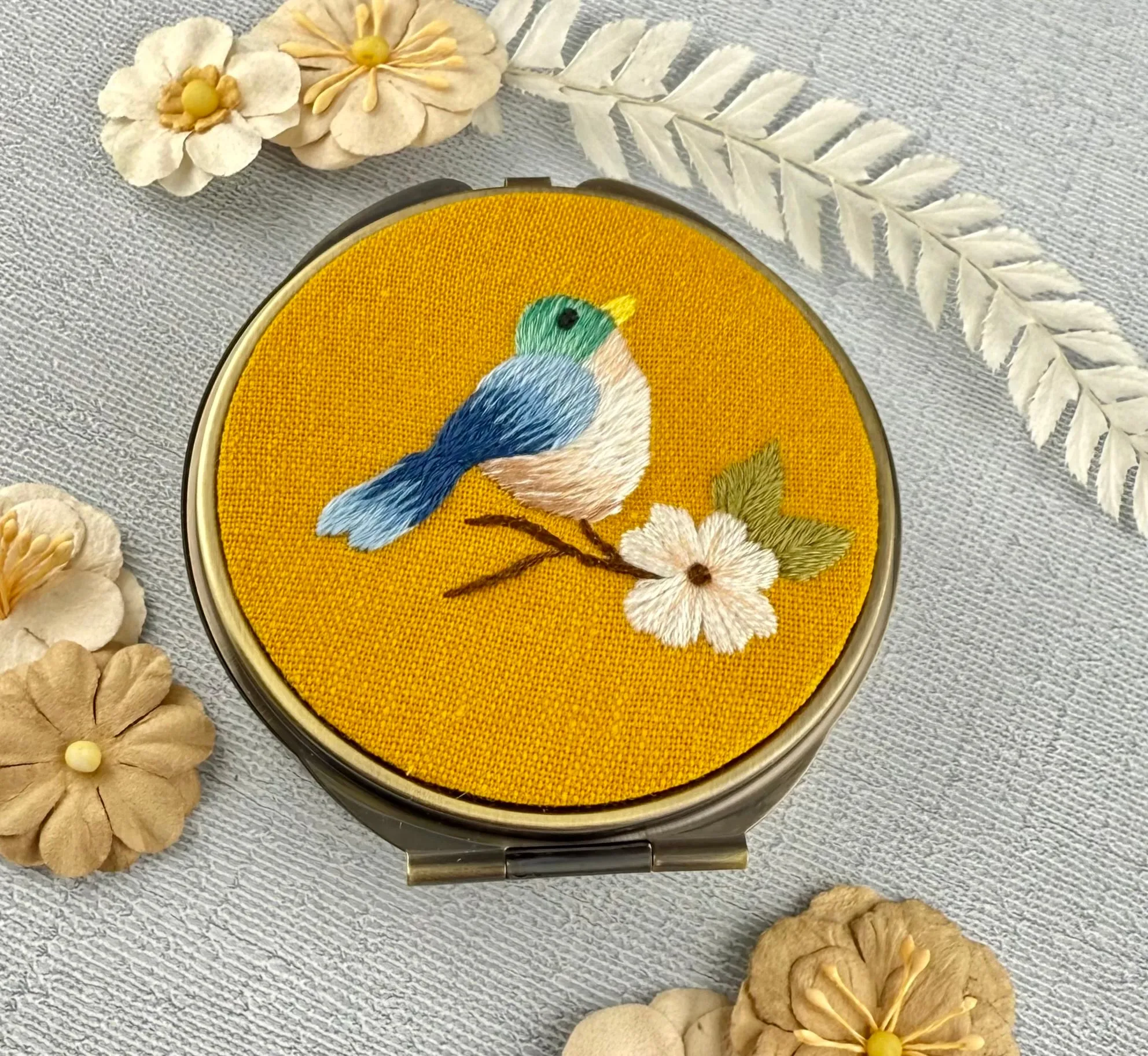 Embroidered Pill/Jewelry Container - Yellow Bird