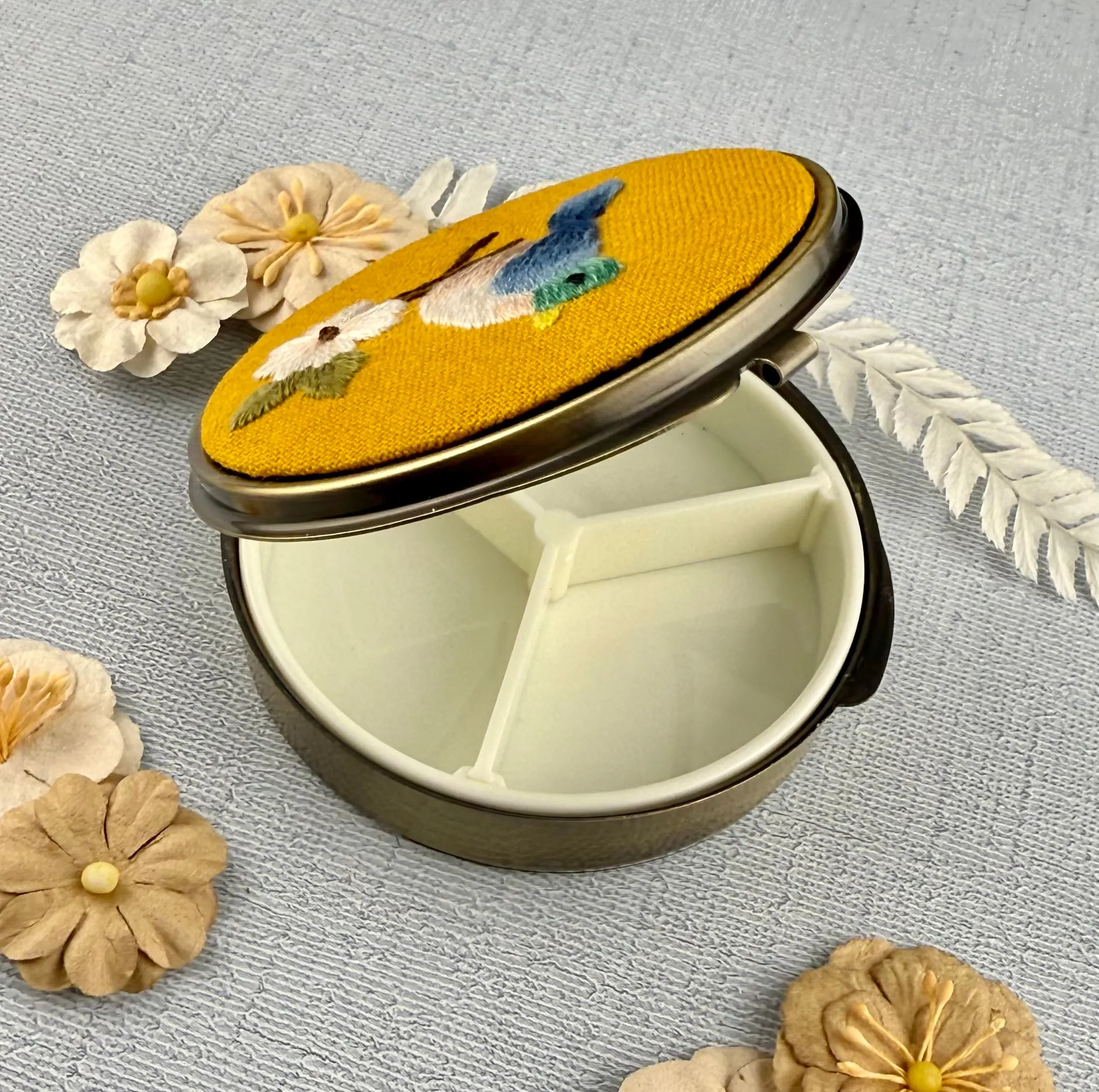 Embroidered Pill/Jewelry Container - Yellow Bird