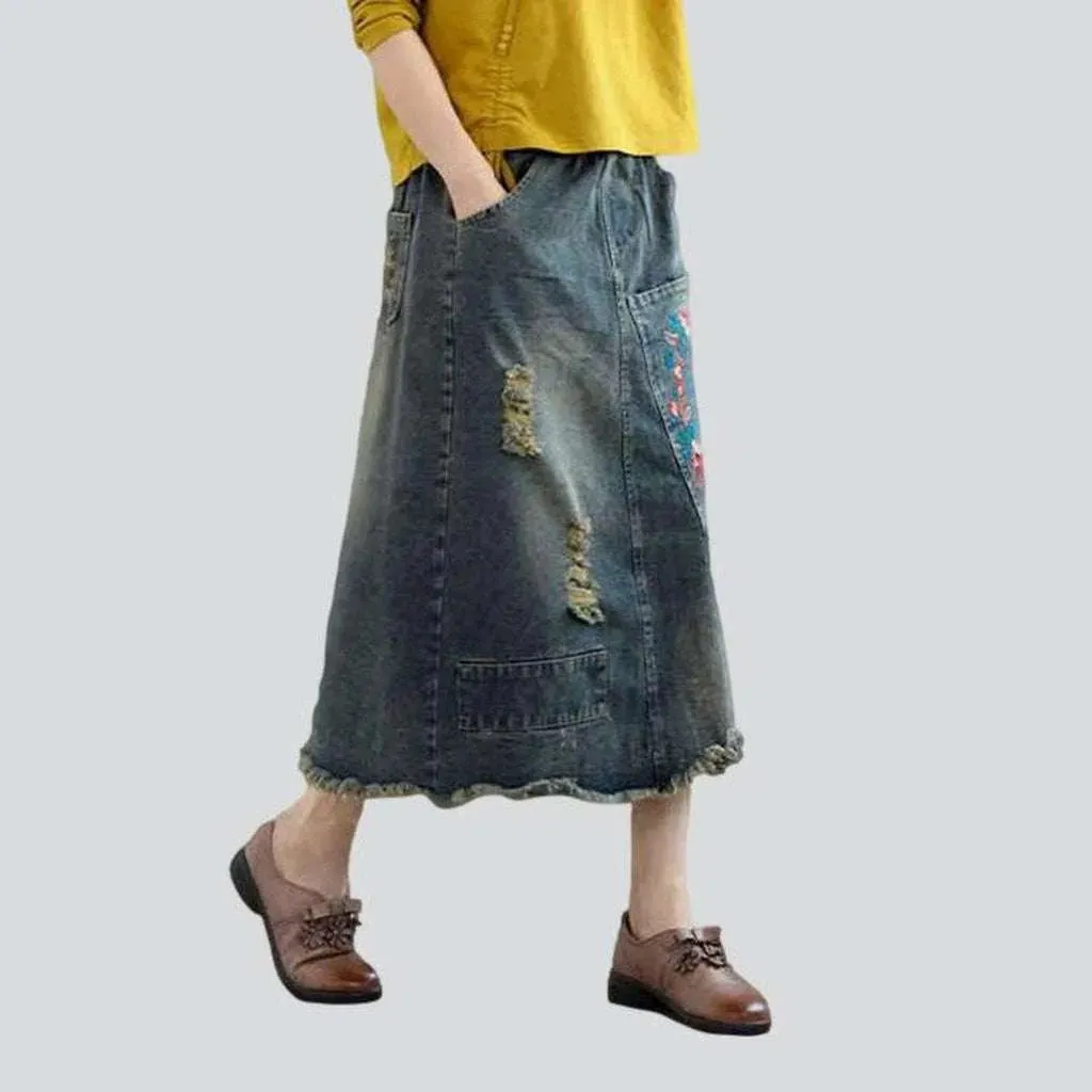 Embroidered ripped women's denim skirt