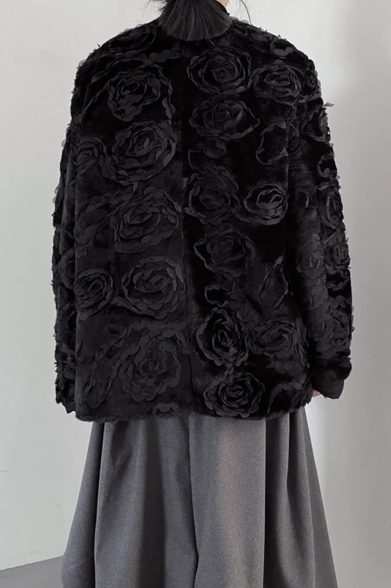 Embroidered Rose Plush Jacket Round Neck