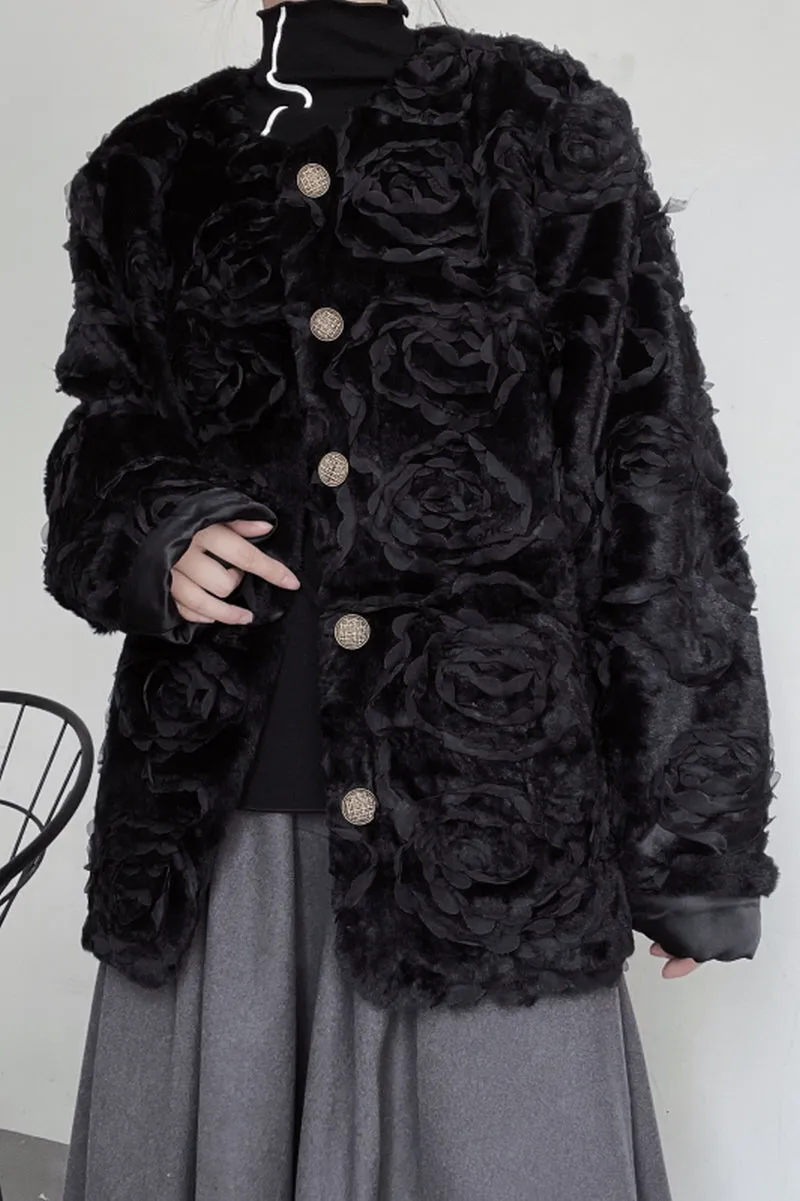 Embroidered Rose Plush Jacket Round Neck