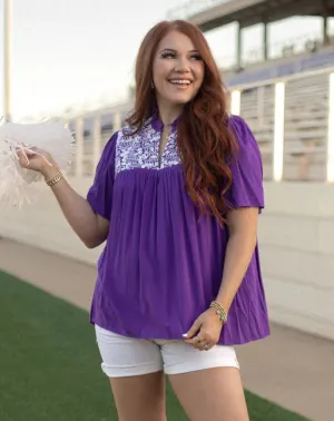 Embroidered Ruffle Collar Top, Purple