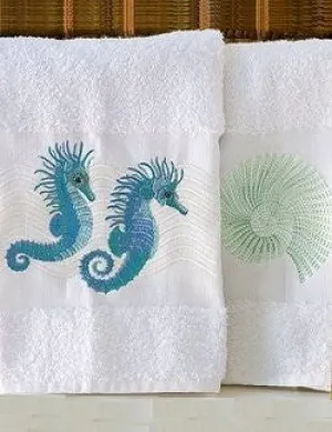 Embroidered Seahorse And Nautilus Towels