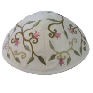 Embroidered Silk Kippah - White Flowers by Yair Emanuel