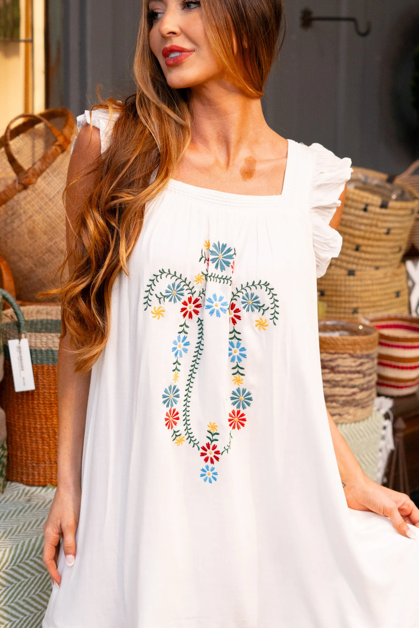 Embroidered Square Neck Mini Dress