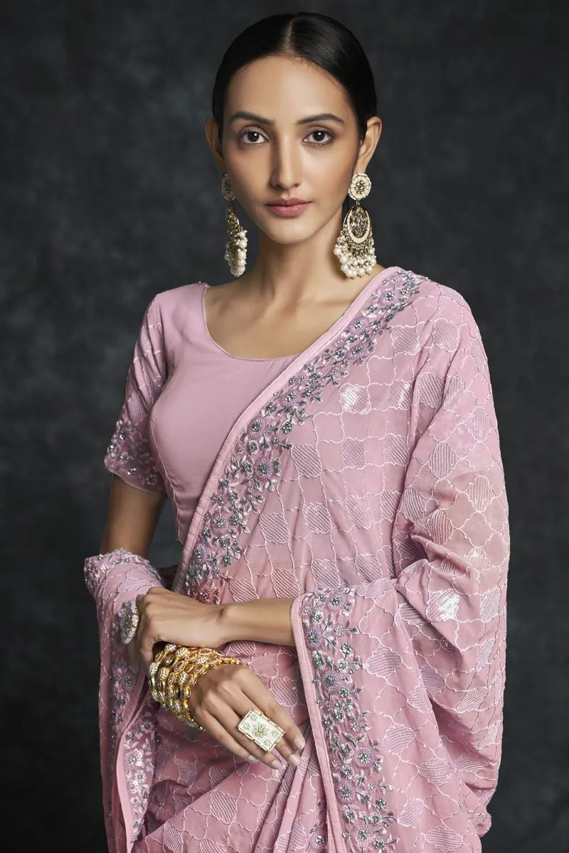 Embroidered Wedding Wear Trendy Pink Saree