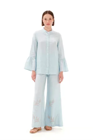 Embroidered Wide Leg Linen Pants Light Blue