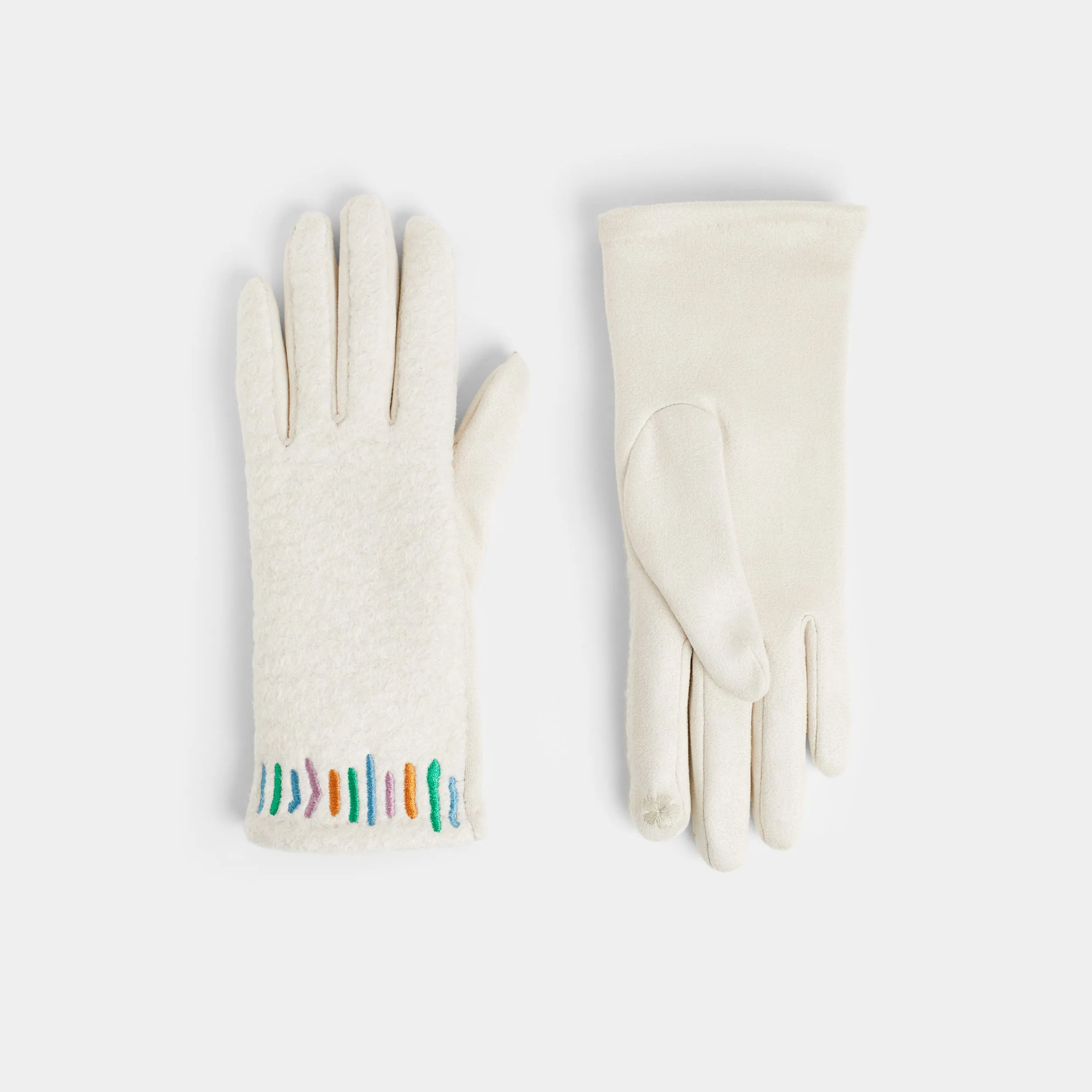 Embroidered Wrist Touchscreen Gloves - White