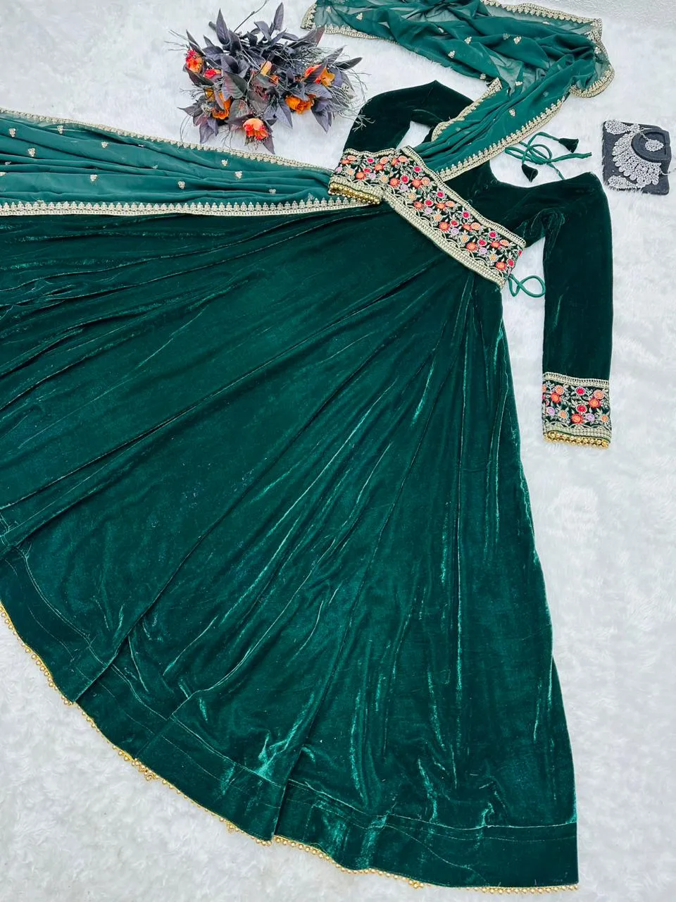 Embroidery Sequence with Moti Work Green Color Velvet Gown