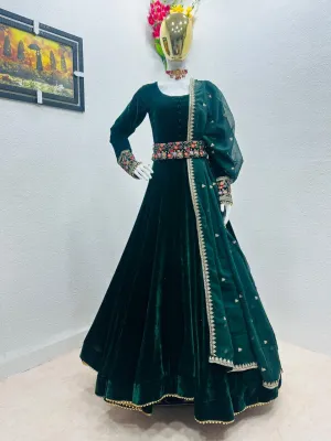 Embroidery Sequence with Moti Work Green Color Velvet Gown