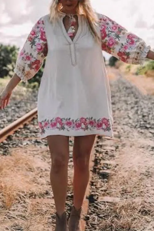 Embroidery Tassels Puff Sleeve Mini Dress