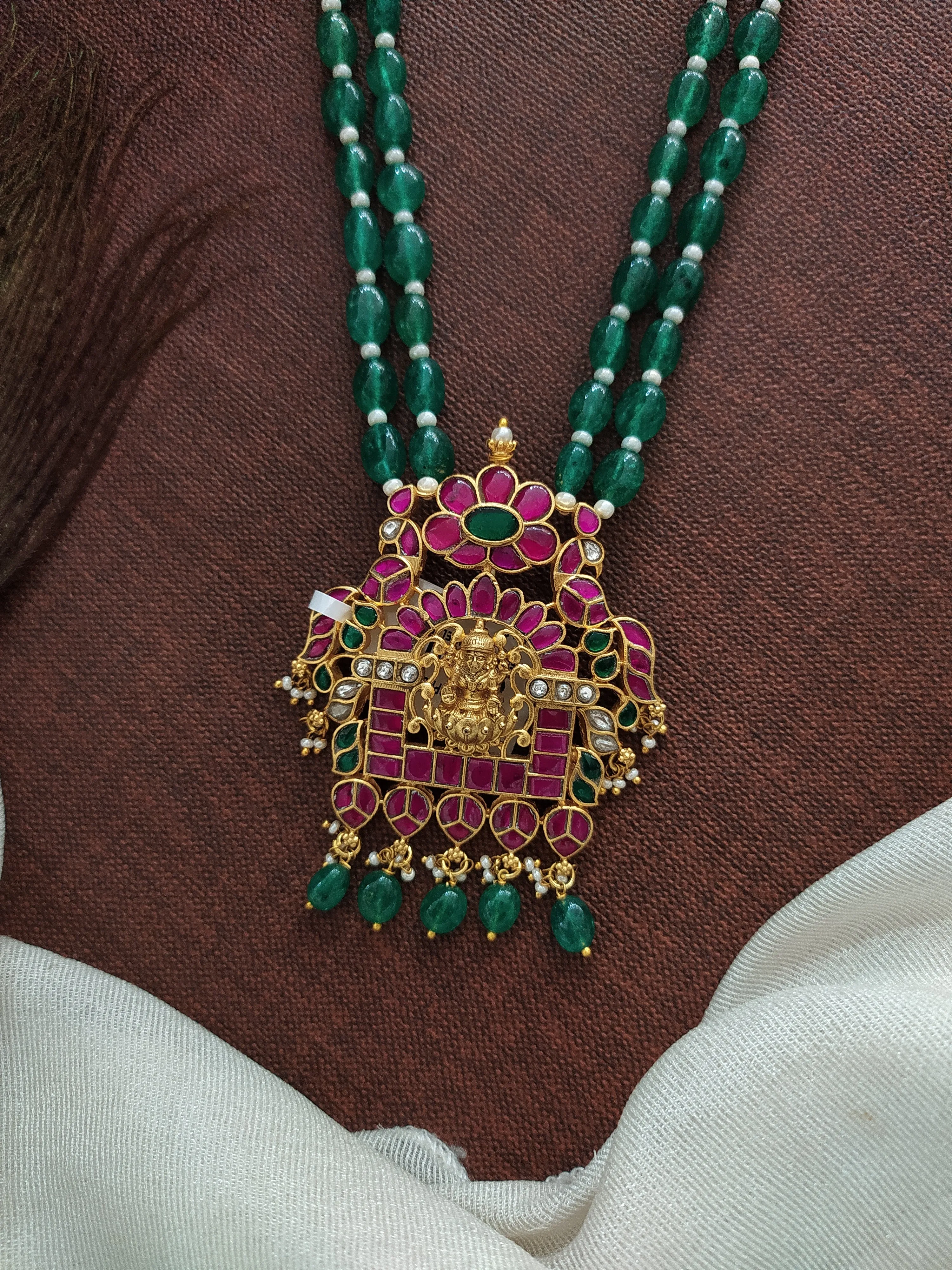 Emerald Beaded Kundan Mala Set with Lakshmi Pendant