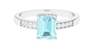 Emerald Cut Shape Sky Blue Topaz Solitaire Engagement Ring with Diamond Side Stones