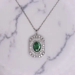 EMERALD DIAMOND VINTAGE STYLE NECKLACE ART DECO OVAL GEOMETRIC HALO PENDANT