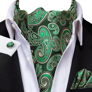 Emerald Green Champagne Paisley Ascot Pocket Square Cufflinks Set