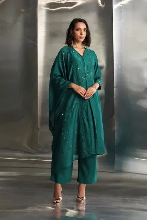 Emerald Green Chanderi Pleated Neck Kurta