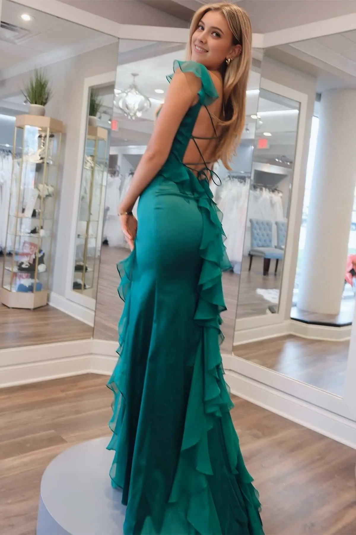 Emerald Green Square Neck Ruffle Slit Prom Dress