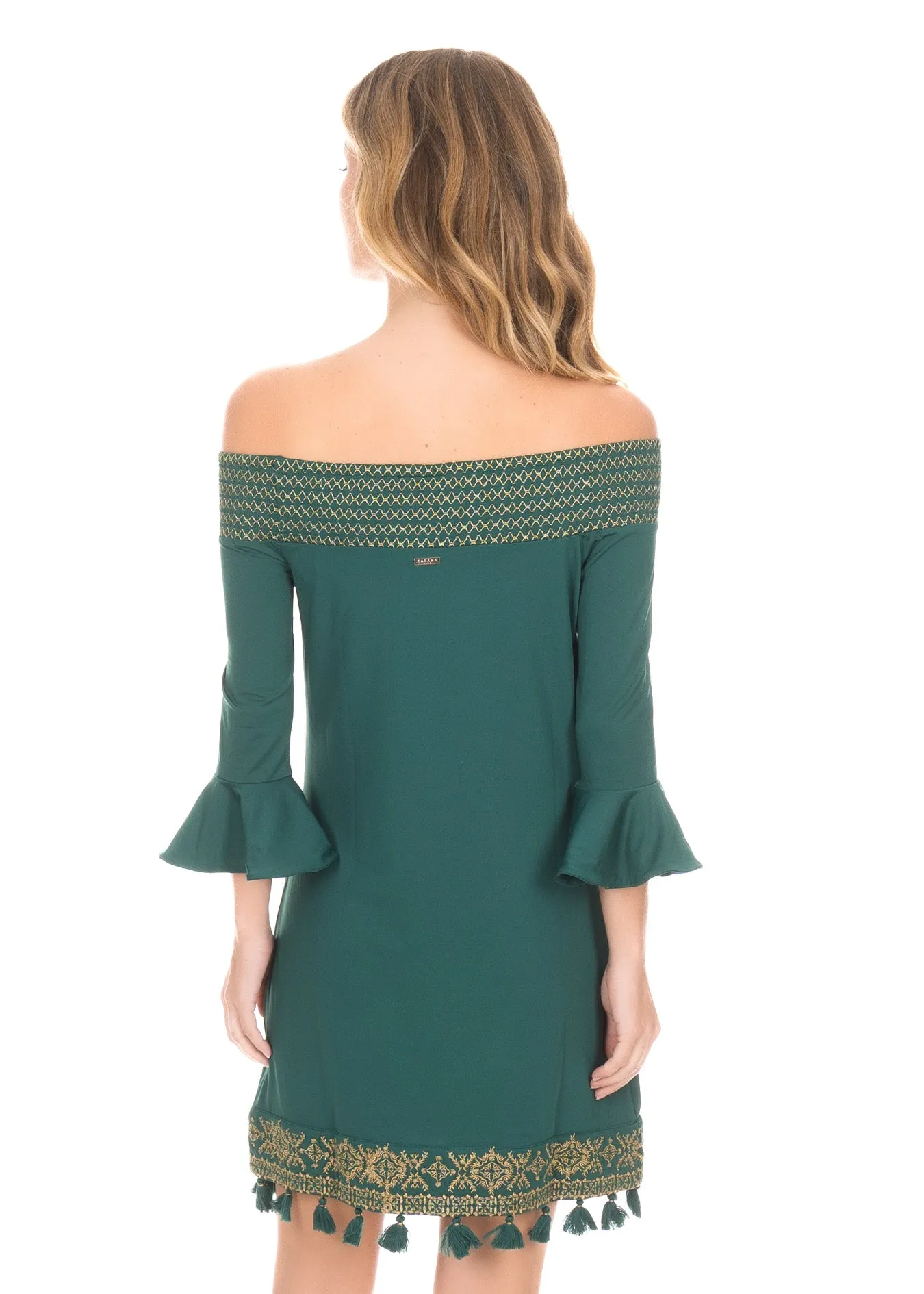 Emerald Metallic Embroidered Off The Shoulder Dress