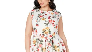 Emerald Sundae Women's Floral Cap Sleeve Crew Neck Knee Length Fit Flare Dress White Size 2X