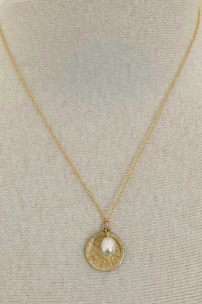 Emily Gold Chain Necklace | Pearl Drop & Gold Flower Coin | By Pearly Girls