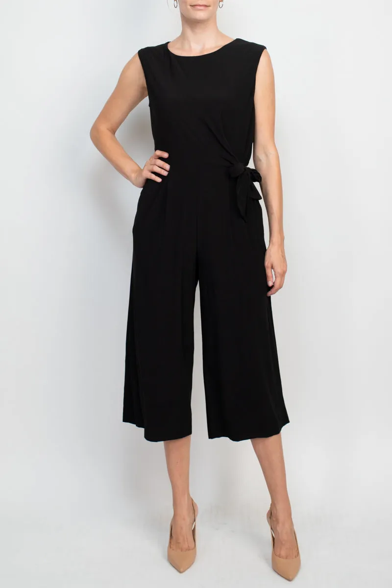 Emma & Michele Boat Neck Sleeveless Tie Side Solid Pockets ITY Jumpsuit