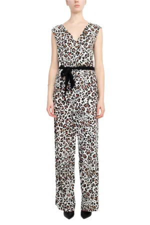 Emma & Michele V-Neck Elastic Waist Sleeveless Tie Waist Animal Print ITY Jumpsuit