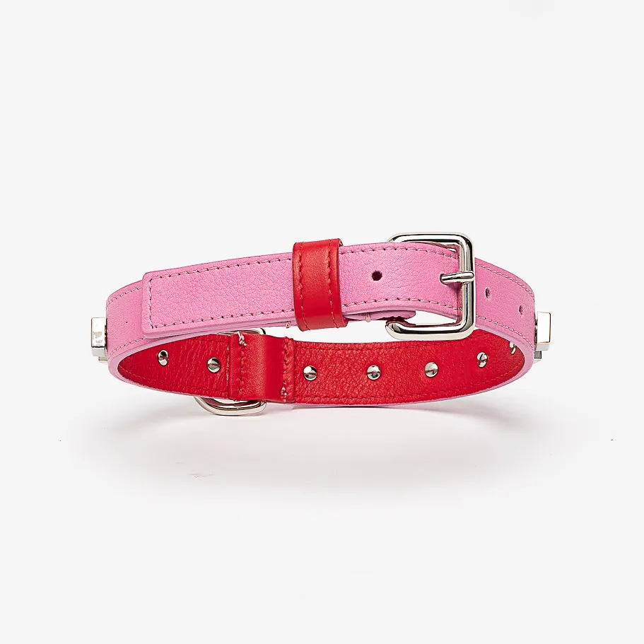 Emma Firenze Dog Collar in Pink & Red or Azure & Navy with Brass Studs