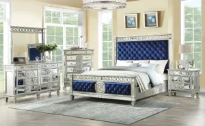 Emmitt Button Tufted Queen Bed, Blue Velvet & Mirrored