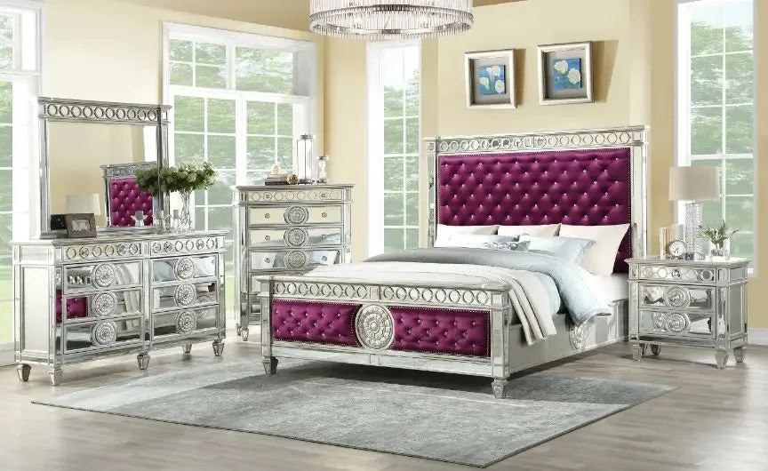 Emmitt Button Tufted Queen Bed, Burgundy Velvet & Mirrored