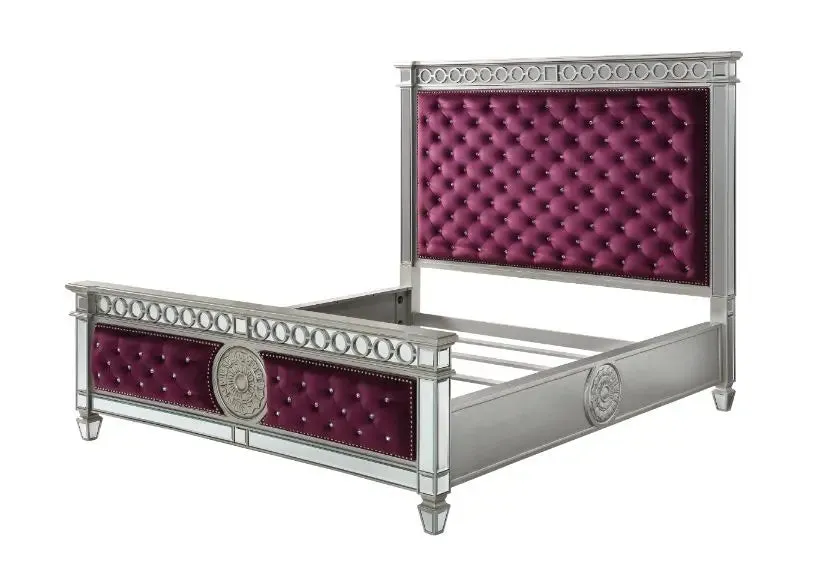 Emmitt Button Tufted Queen Bed, Burgundy Velvet & Mirrored