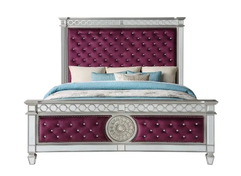 Emmitt Button Tufted Queen Bed, Burgundy Velvet & Mirrored