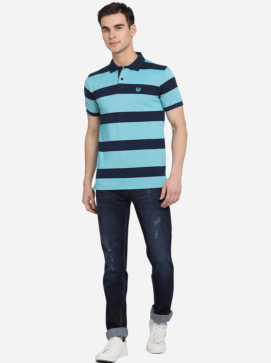 Enamel Blue Striped Slim Fit Polo T-Shirt | Greenfibre