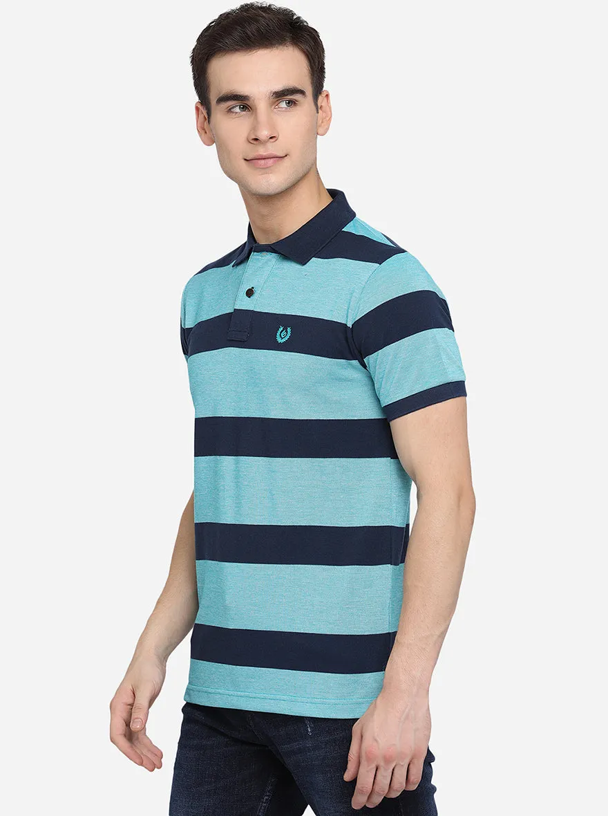 Enamel Blue Striped Slim Fit Polo T-Shirt | Greenfibre