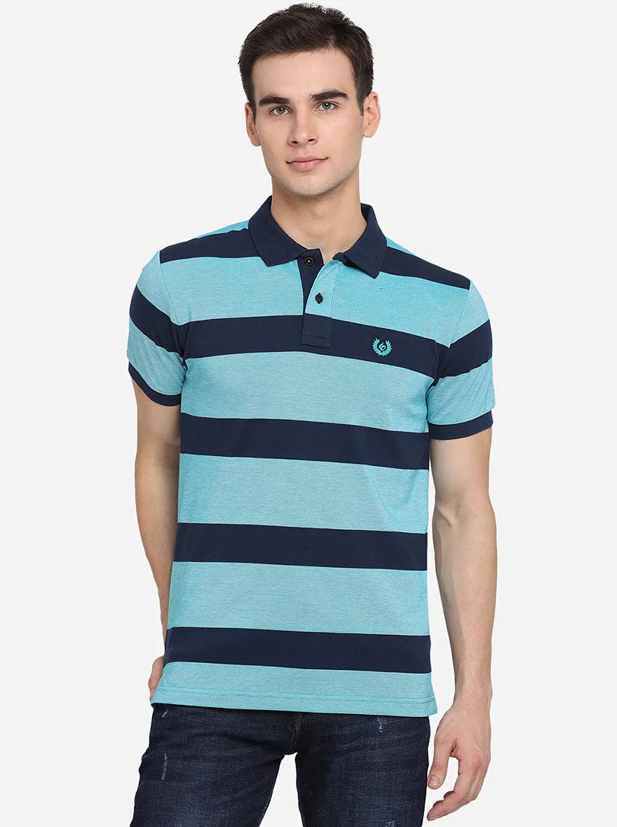 Enamel Blue Striped Slim Fit Polo T-Shirt | Greenfibre