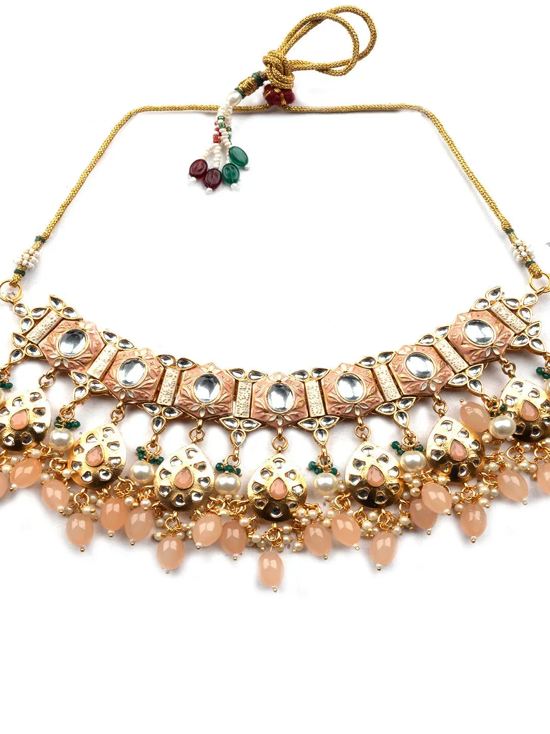 Enamel Coated Peach Pearls Beaded Kundan Choker Set