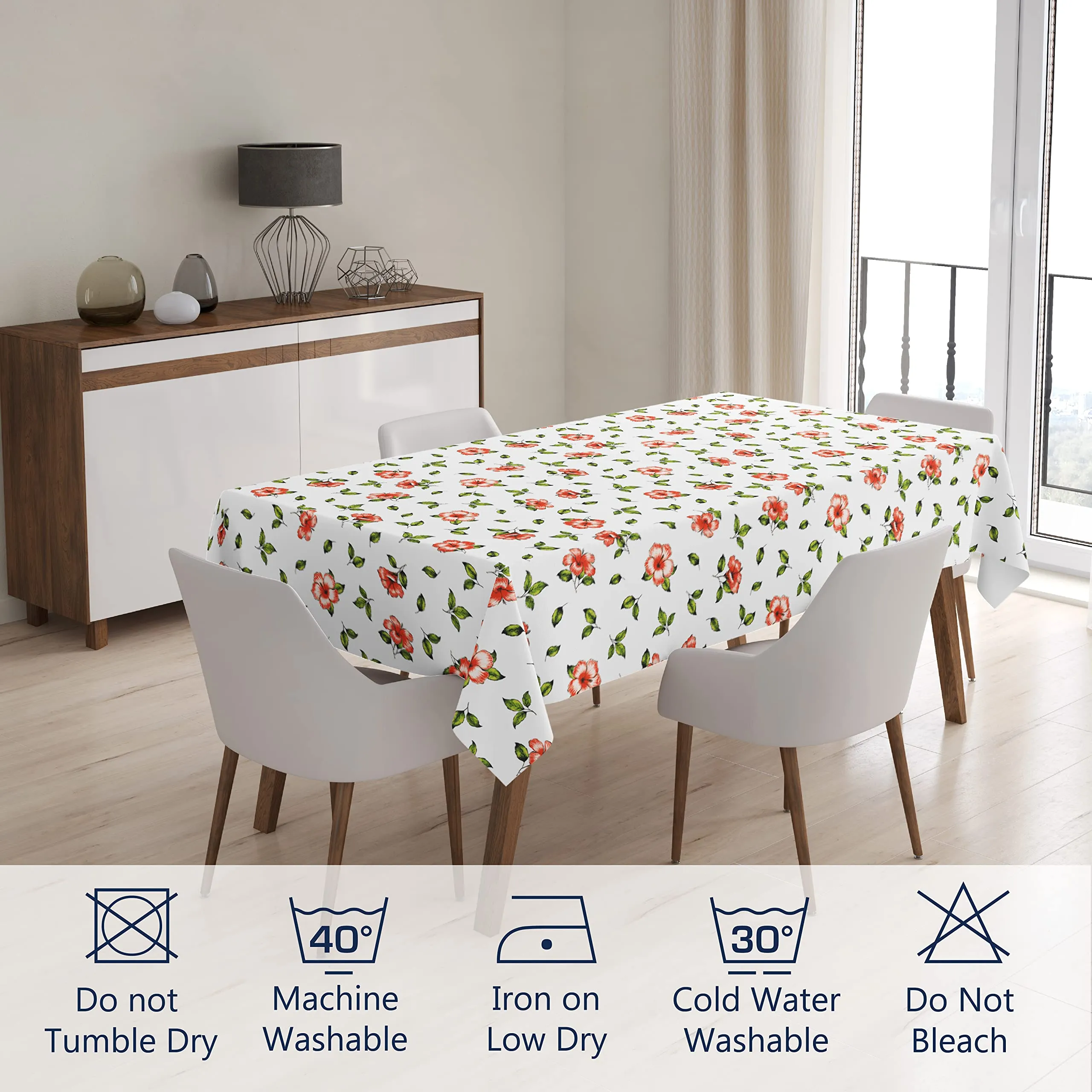 Encasa Homes Printed Table Cloth 6 ft for 4 to 6 Seater Dining Table, 100% Silky Polyester, Machine Wash to Remove Food Stains, Non-Fading, Non-Shrinking, Cheap & Durable - Hibiscus