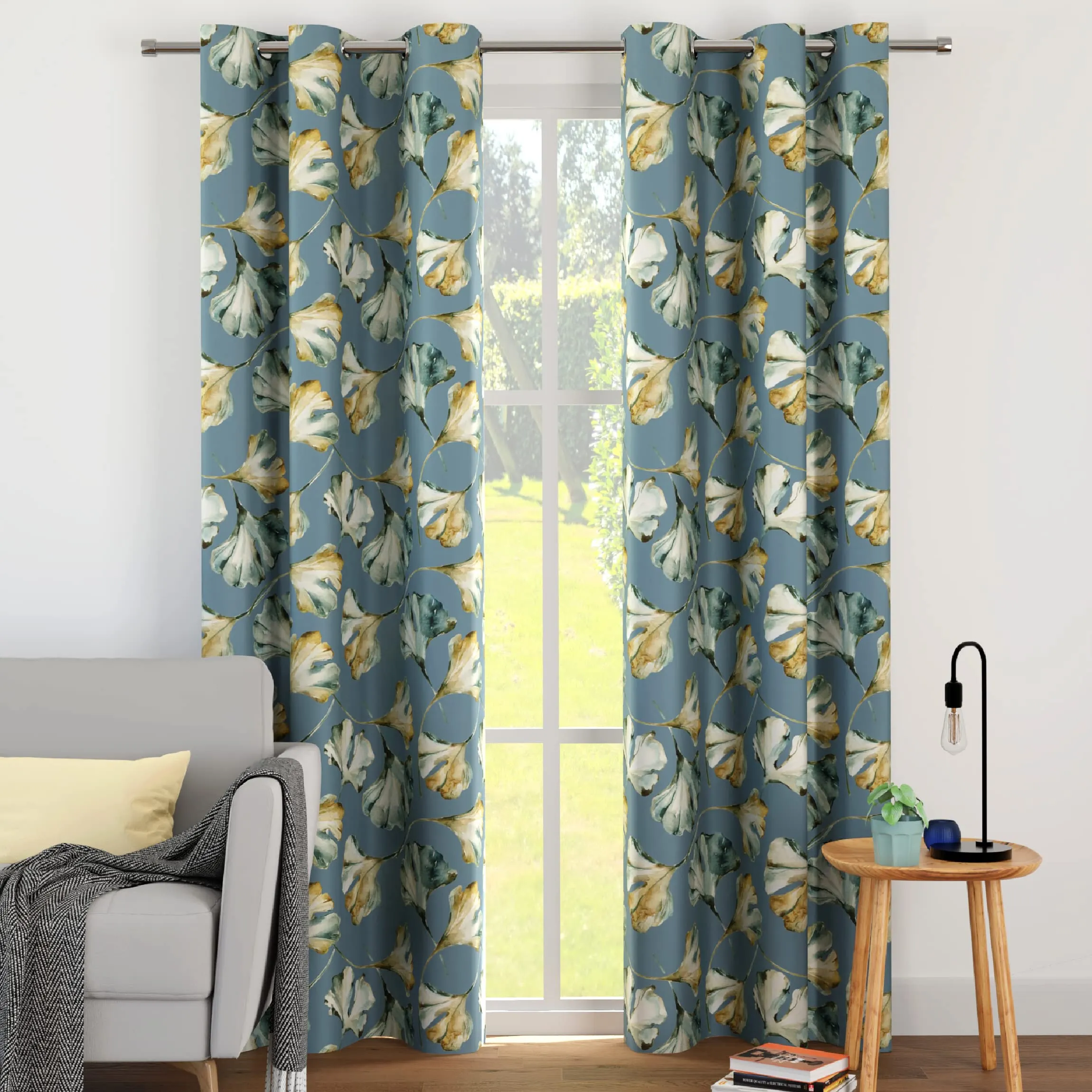 Encasa XO Door Curtains (7 Ft, 2 Panels, 44X84 In) I Semi-Blackout 85% Room Darkening I Floral & Geometric Prints I 6 Eyelets I Sound & Heat Reducing - Gingko Blue, Opaque