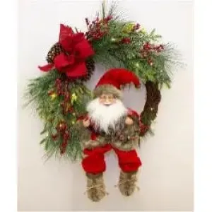 Enchante Traditional Santa In Wreath With Lights 60cm