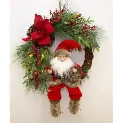 Enchante Traditional Santa In Wreath With Lights 60cm