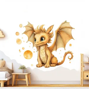 Enchanted Gold Dragon Wall Decal - Whimsical Baby Dragon Sticker Mural