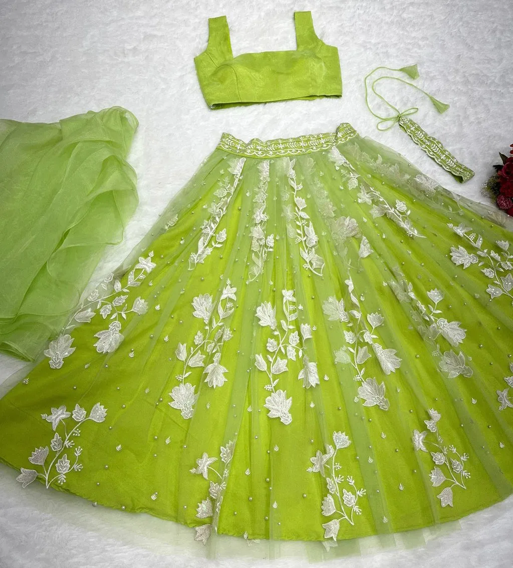 Enchanted Light Green Soft Net Embroidered Designer Lehenga