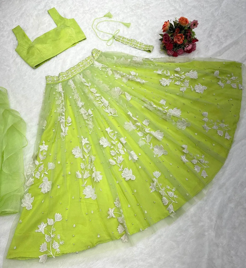 Enchanted Light Green Soft Net Embroidered Designer Lehenga